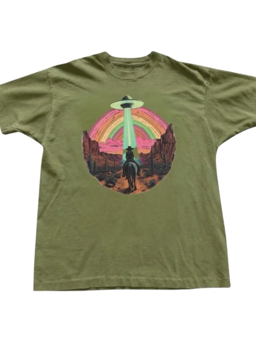 Kiwi Short Sleeve Tee with Neon UFO Cowboy Graphic